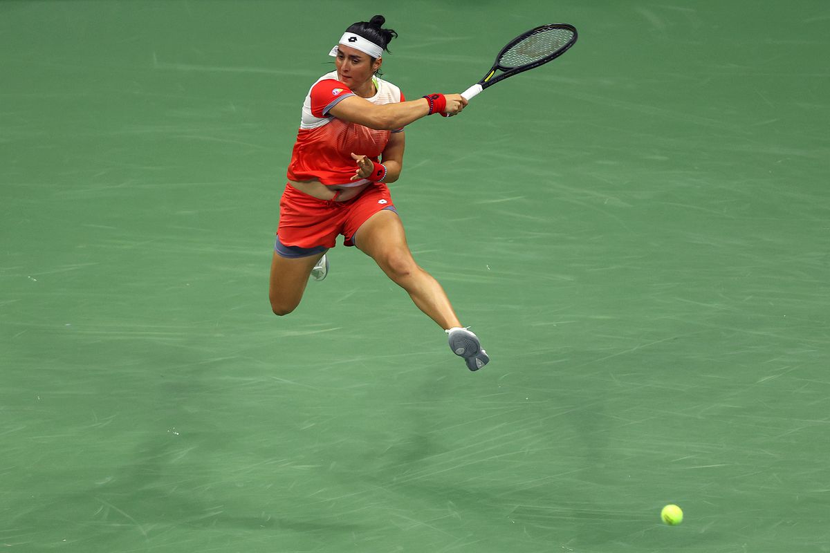 Ons Jabeur of Tunisia returns the ball with a flying forehand against Veronika Kudermetova during their Women’s Singles Fourth Round match on Day Seven of the 2022 US Open at USTA Billie Jean King National Tennis Center on September 04, 2022 in the Flushing neighborhood of the Queens borough of New York City.