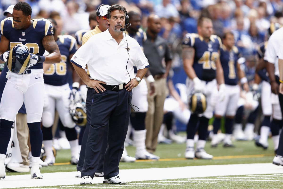 INDIANAPOLIS, IN - AUGUST 12: Head coach Jeff Fisher of the St. Louis Rams looks on against the Indianapolis Colts during a preseason NFL game at Lucas Oil Stadium on August 12, 2012 in Indianapolis, Indiana. (Photo by Joe Robbins/Getty Images)