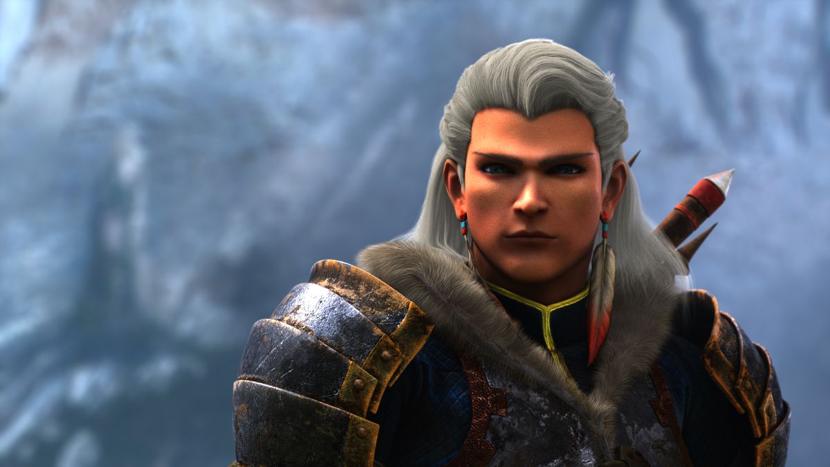 Julius, the snow-haired, Geralt-looking veteran hunter from the short animated film Monster Hunter: Legends of the Guild