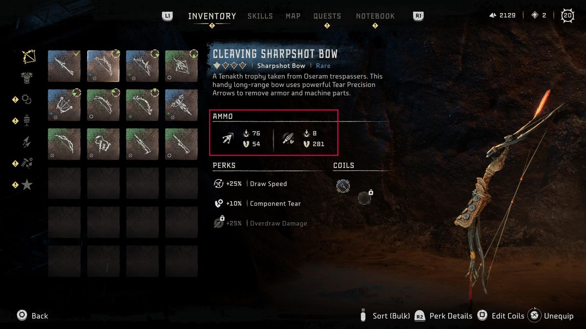 The Cleaving Sharpshot Bow menu for the elephant fight in Horizon Forbidden West