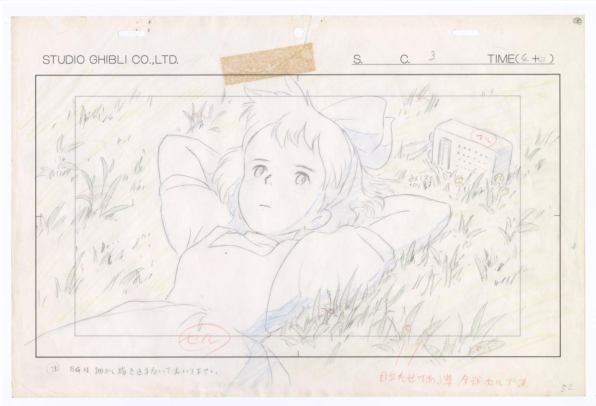 A layout sketch for Kiki’s Delivery Service done in pencil, with Kiki laying in the grass and looking at the sky