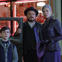 Owen Vaccaro (Lewis Barnavelt), Jack Black (Uncle Jonathan) and Cate Blanchett (Mrs. Zimmerman) in "The House With a Clock in Its Walls."