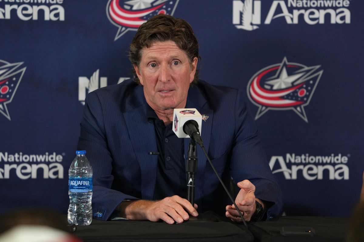 Columbus Blue Jackets Head Coach Mike Babcock addresses member of the media during a press conference at Nationwide Arena on July 01, 2023 in Columbus, Ohio.