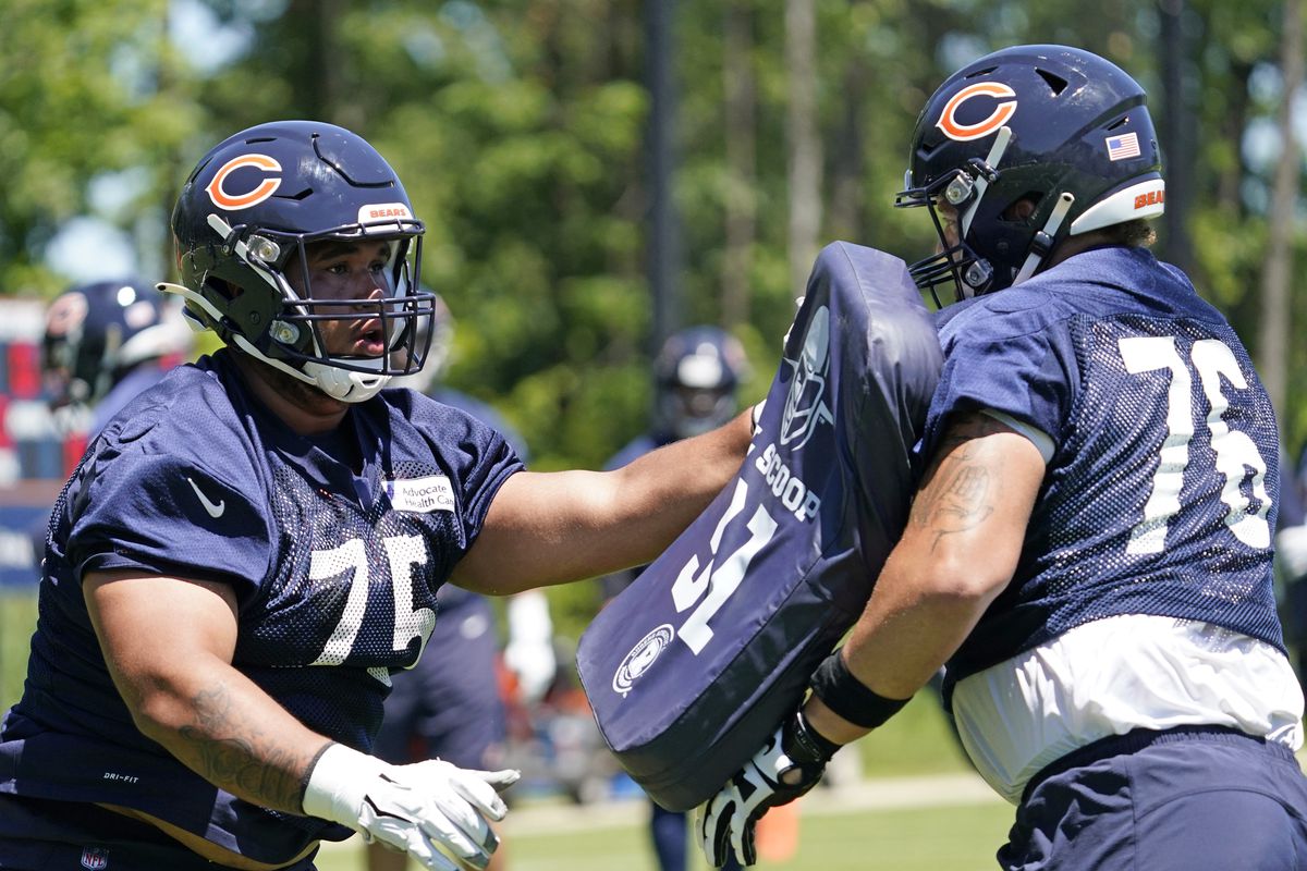 Bears rookie offensive tackle Teven Jenkins (76, working with fellow rookie Larry Borom in the offseason) was the 39th pick of the 2021 NFL Draft. 
