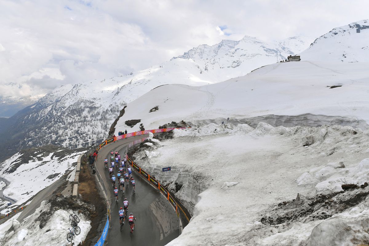 CERESOLE REALE, ITALY - MAY 24: Ceresole Reale (2247m)/ Landscape / Mountains / Snow / Peloton / during the 102nd Giro d’Italia 2019, Stage 13 a 196km stage from Pinerolo to Ceresole Reale (Lago Serrù) 2247m / on May 24, 2019 in Pinerolo, Italy. (Photo by