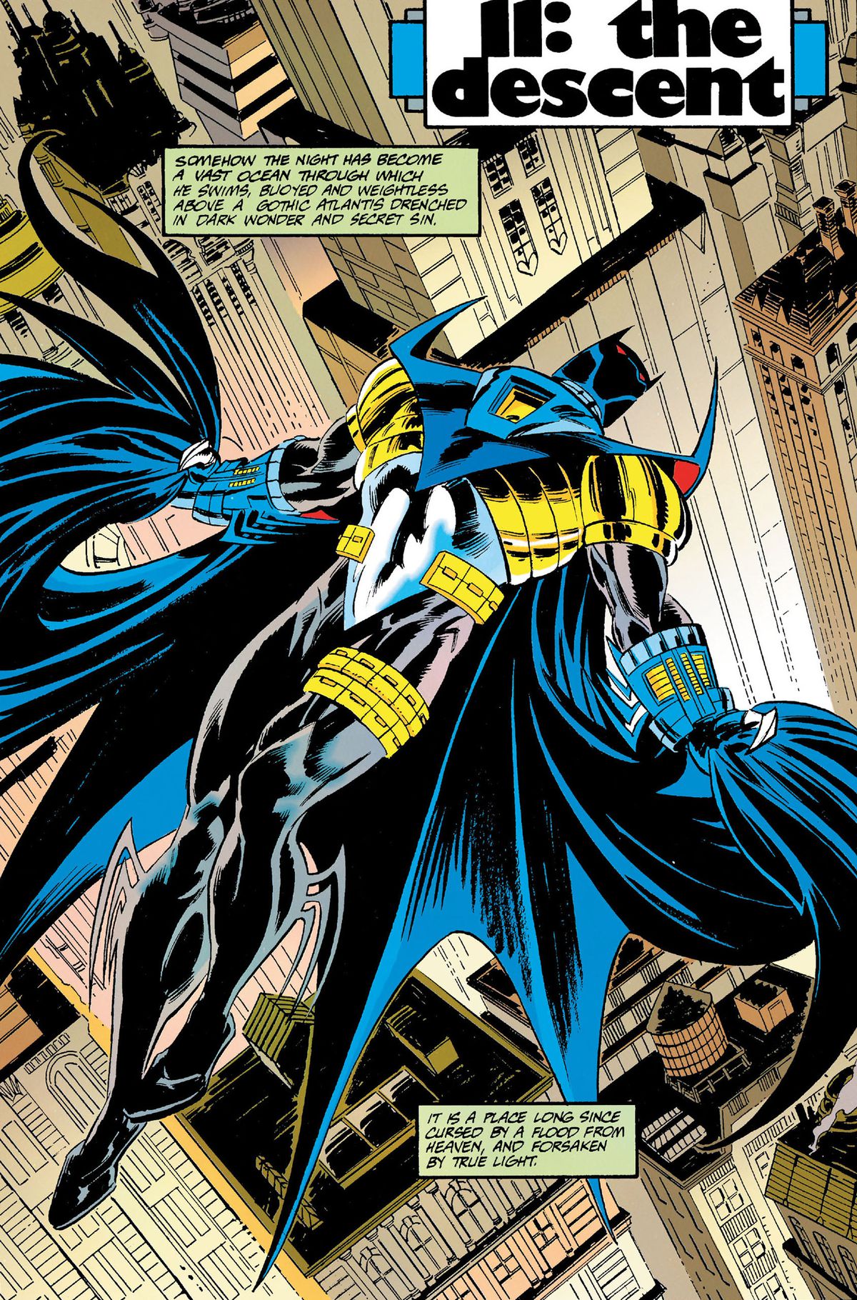 Jean Paul Valley as Batman leaps through the air in his armored Bat-suit, featuring sharp and massive pauldrons, bladed gauntlets, and a flowing cape, in Batman #500, DC Comics (1993). 