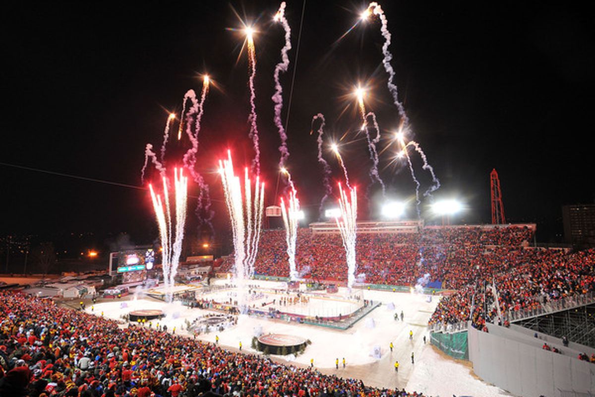 CALGARY AB - FEBRUARY 20:  Fireworks are shot off at the end of the 2011 NHL Heritage Classic Game at McMahon Stadium on February 20 2011 in Calgary Alberta Canada. The Flames defeated the Canadiens 4-0.  (Photo by Dylan Lynch/Getty Images)