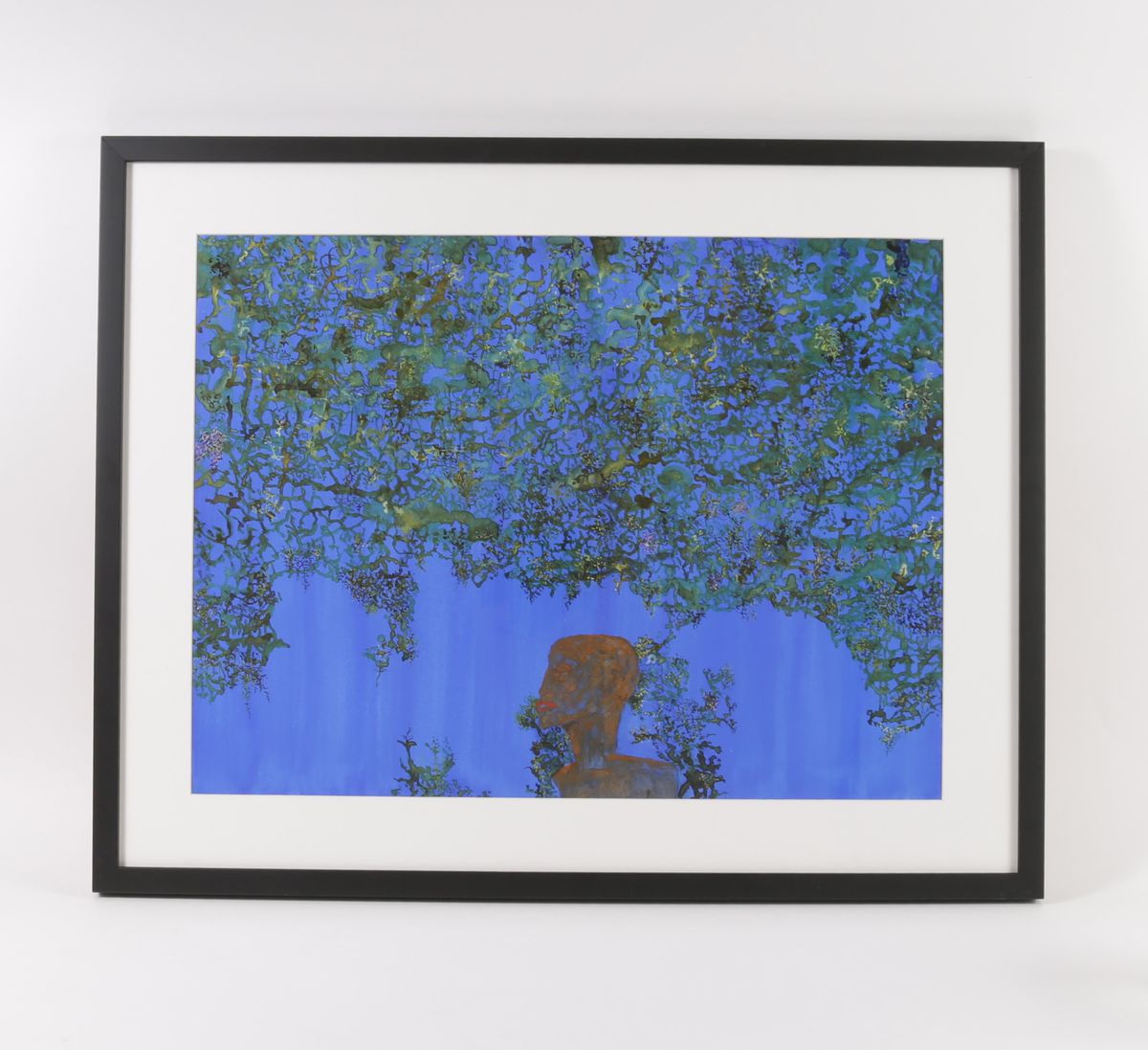 A painting of blue sky and leaves with a figure’s silhouette.