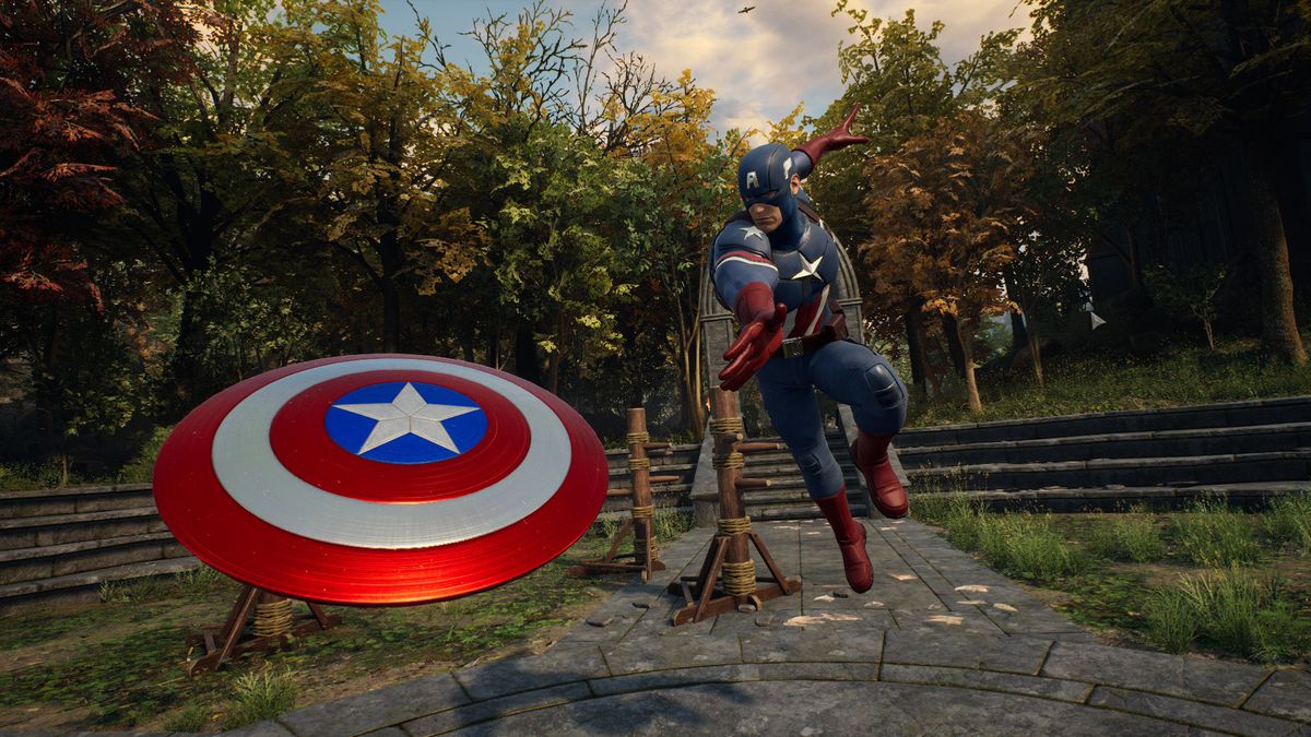 Captain America throwing his shield while floating in the air with some wooden training dummies in the background.
