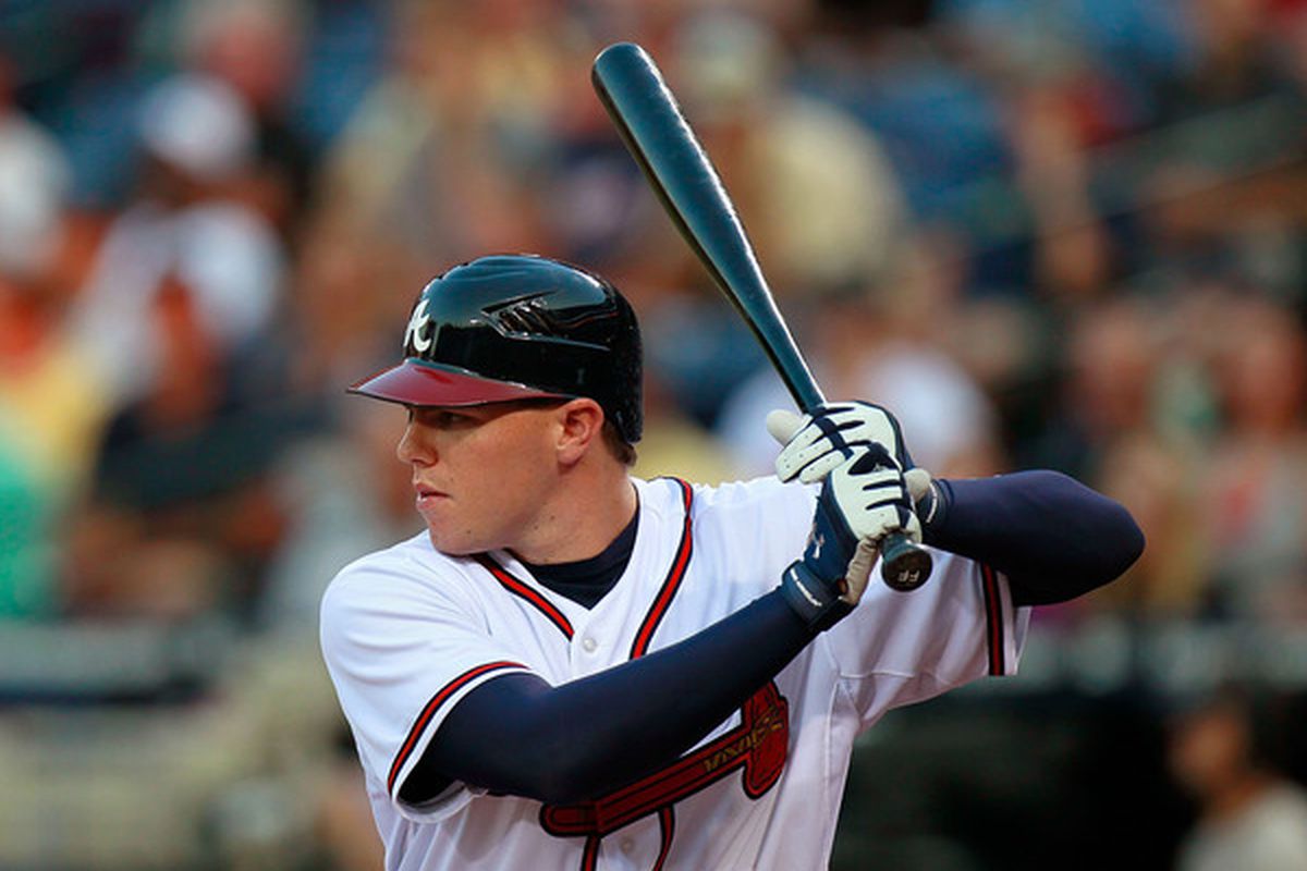 Freddie Freeman of the Atlanta Braves stretches takes his first at-bat against the New York Mets at Turner Field on September 1 2010 in Atlanta Georgia.  (Photo by Kevin C. Cox/Getty Images)