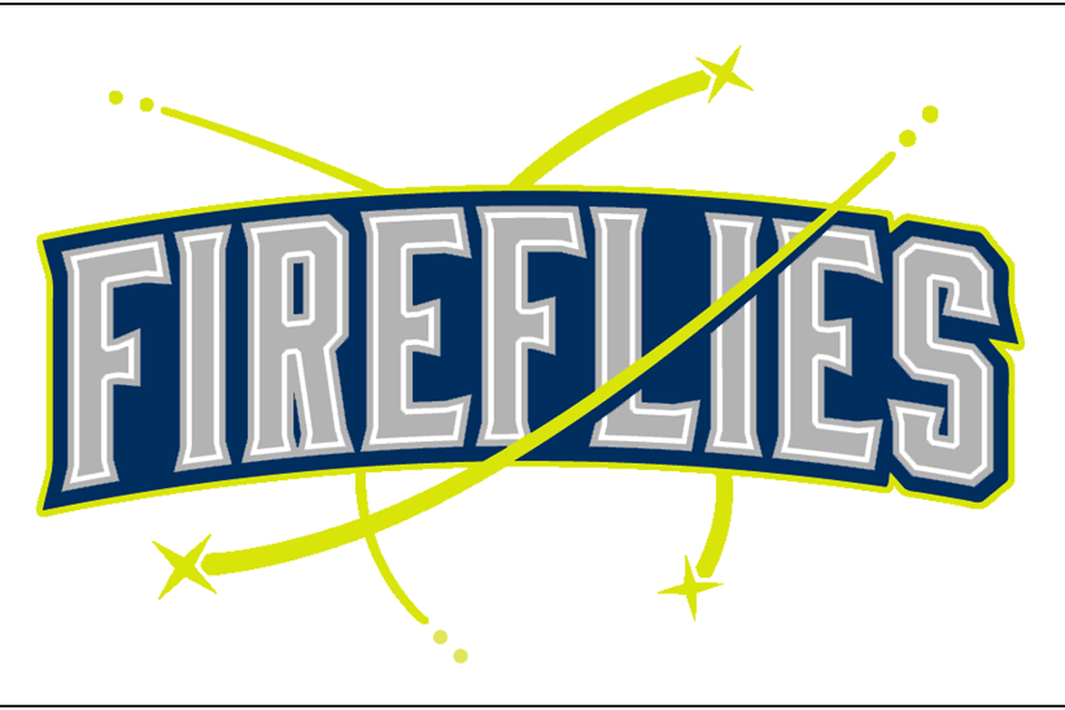 Logo for the Columbia Fireflies, with gray letters surrounded by navy accents and some neon yellow streaks 