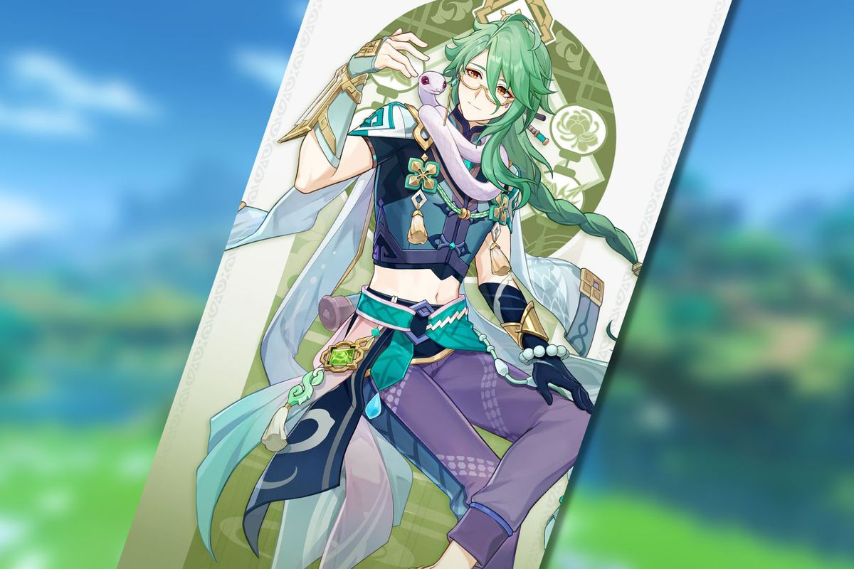 In image of Baizhu from Genshin impact. He wears a crop top, and sashes flow from his outfit. He also has a little snake wrapped around his neck. 