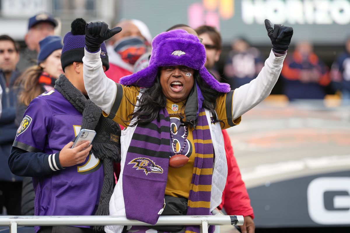 A Baltimore Ravens fans celebrates during a game between the Chicago Bears and the Baltimore Ravens on November 21, 2021 at Soldier Field, in Chicago, IL.