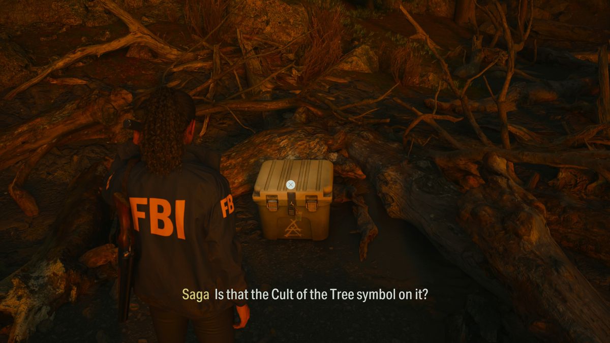A Cult Stash sitting in the woods of Cauldron Lake in Alan Wake 2