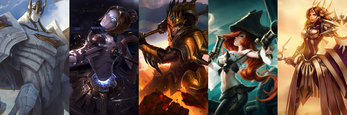 Galio, Orianna, Jarvan IV, Miss Fortune, and Leona’s splash art is shown, lined up to indicate Sett’s synergies