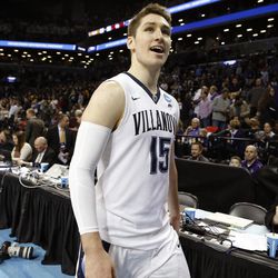FILE - In this March 20, 2016, file photo, Villanova guard Ryan Arcidiacono (15) smiles as he leaves the court after Villanova defeated Iowa during in a second-round NCAA men's college basketball tournament game, in New York. The Wildcats have made 48.9 percent of their 3-point attempts (23 of 47) in two NCAA Tournament games, well above their season percentage of .351. 