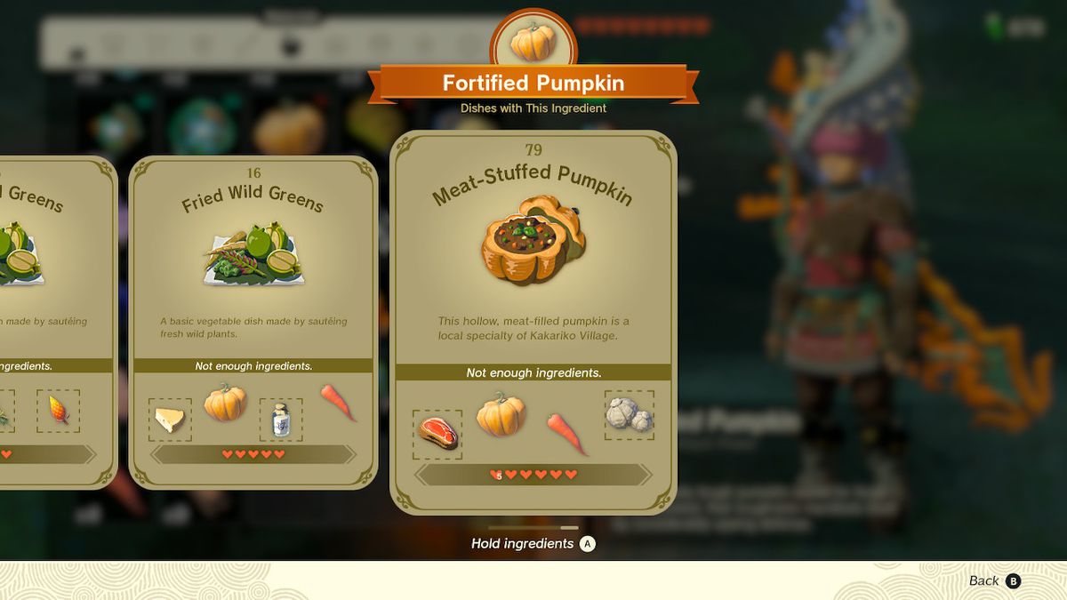 Recipe cards in Zelda: Tears of the Kingdom. A recipe is highlighted for meat-stuffed pumpkins.