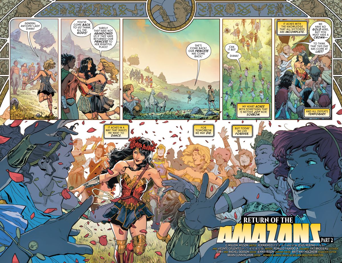 Wonder Woman and the Amazons celebrate the brief victory of their reunion with dancing in Wonder Woman #75, DC Comics (2019). 
