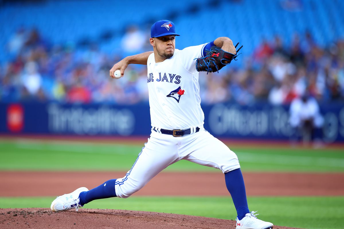 Jose Berrios #17 of the Toronto Blue Jays delivers a pitch in the first inning against the Philadelphia Phillies at Rogers Centre