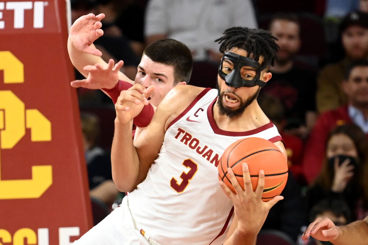 USC Trojans forward Isaiah Mobley grabs a rebound in front of Washington State Cougars forward Andrej Jakimovski in the second half at Galen Center.&nbsp;