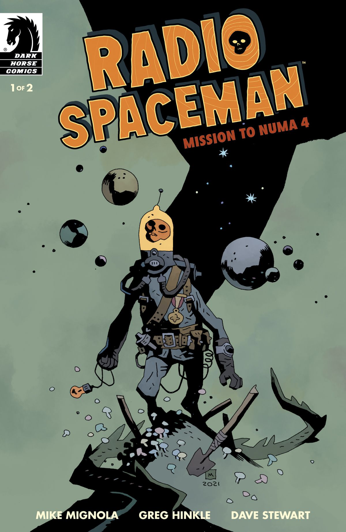 Radio Spaceman, a sort of robot-like exporer laden with belts, tools, and a medal, whose head is a free-floating skull inside a lamp-shaped space helmet, stands on top of a hill as if in awe of the universe on the cover of Radio Spaceman: Mission to Numa 4 #1 (2022).