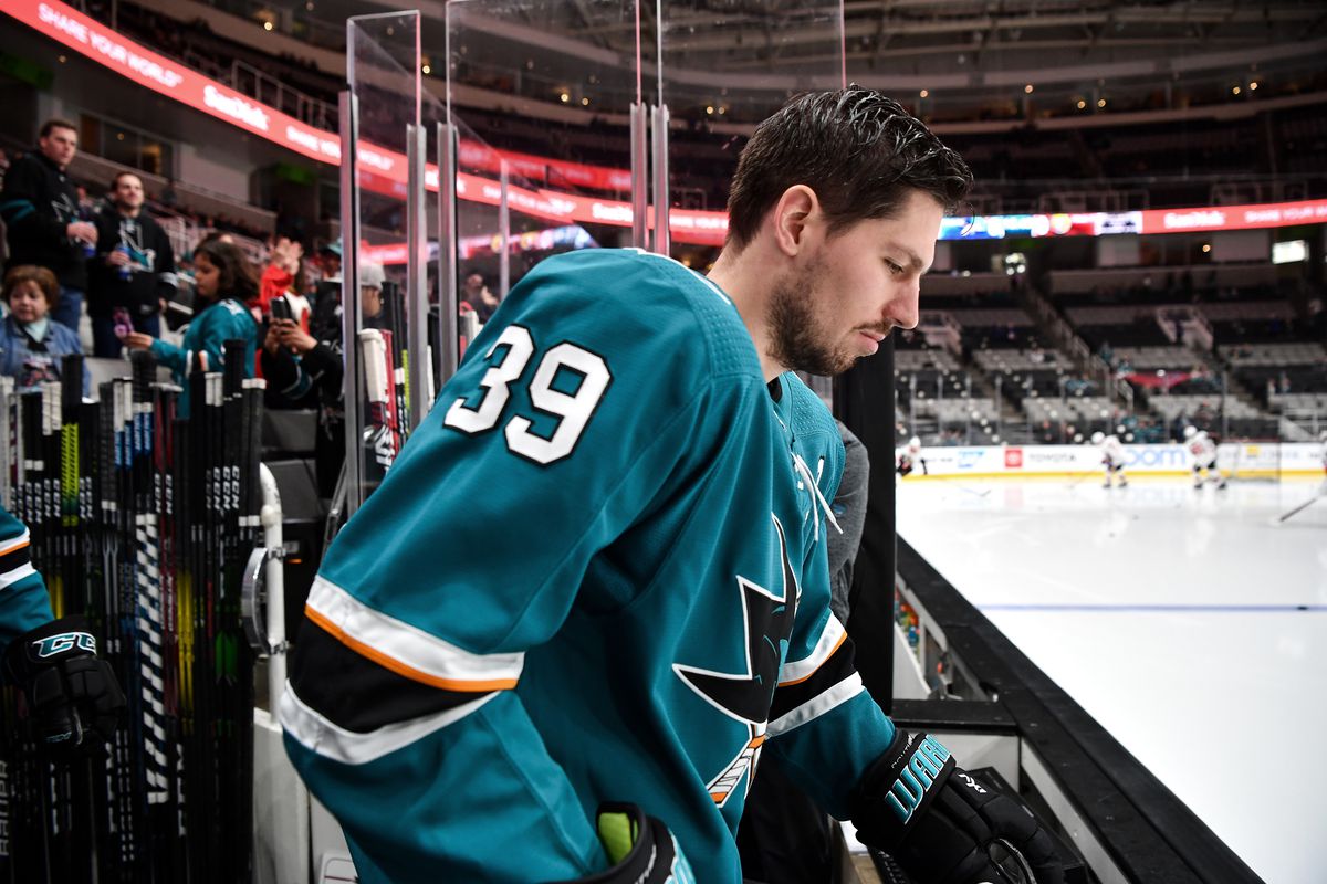 Logan Couture #39 of the San Jose Sharks takes the ice for warmups against the Ottawa Senators at SAP Center on March 7, 2020 in San Jose, California.