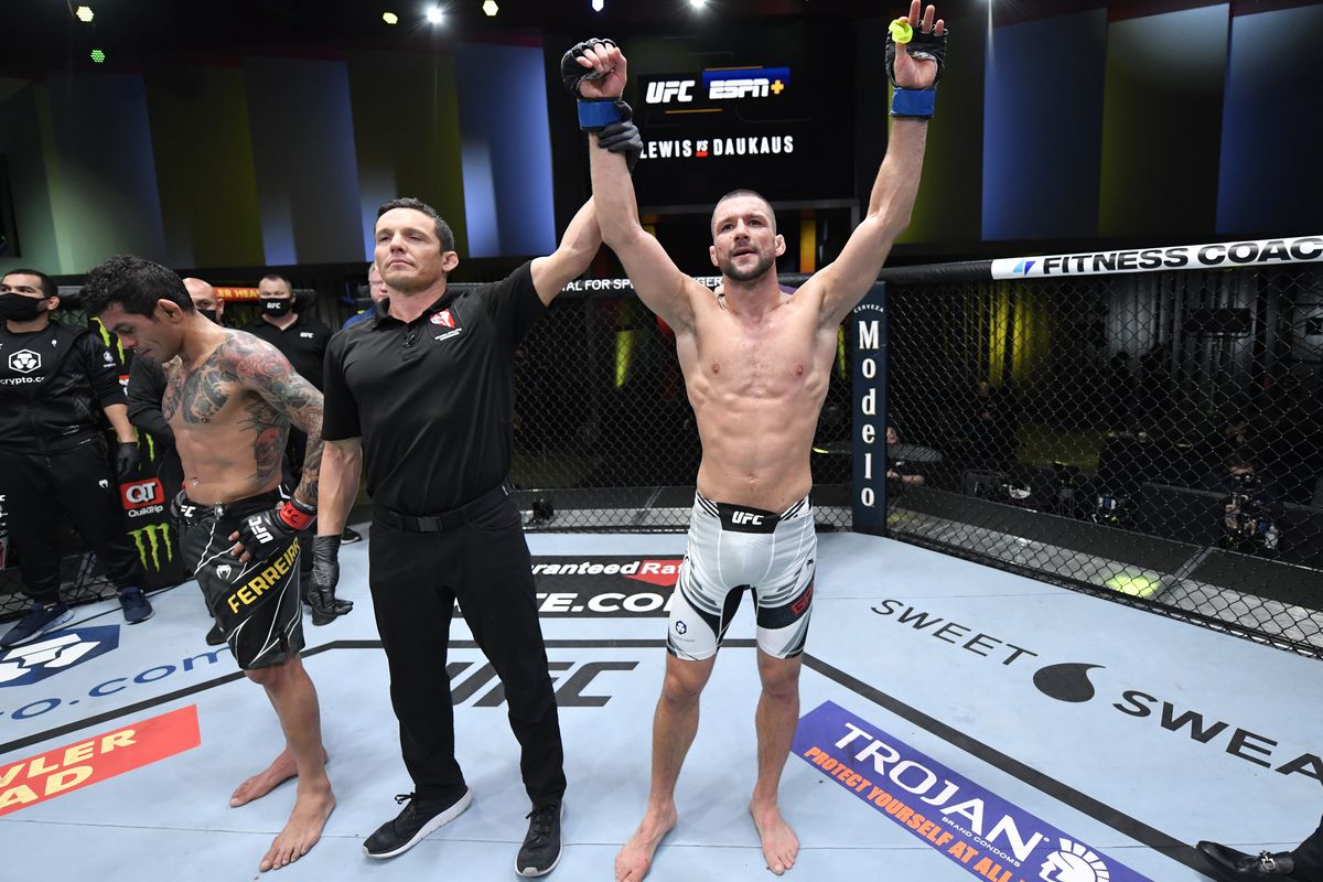 Mateusz Gamrot of Poland reacts after his victory over Diego Ferreira of Brazil in their lightweight fight during the UFC Fight Night event at UFC APEX&nbsp;