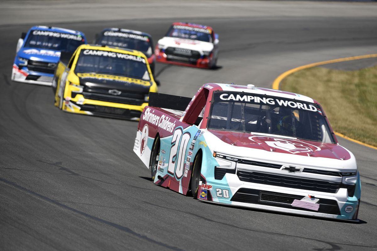 Jesse Little, driver of the #20 Shriners Childrens Chevrolet, drives during the NASCAR Camping World Truck Series CRC Brakleen 150 at Pocono Raceway on July 23, 2022 in Long Pond, Pennsylvania.