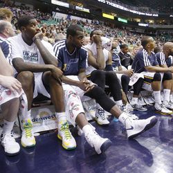 Utah's bench looks on while the final seconds tick away as the Denver Nuggets defeat the Jazz on Wednesday, April 3, 2013 in Salt Lake City at EnergySolutions Arena. Denver beat the Jazz 113-96.