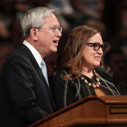 Elder Gerrit W. Gong, of the Quorum of the Twelve Apostles of the LDS Church, and his wife, Sister Susan Gong, speak at the BYU Women's Conference at the Marriott Center in Provo on Friday, May 4, 2018.