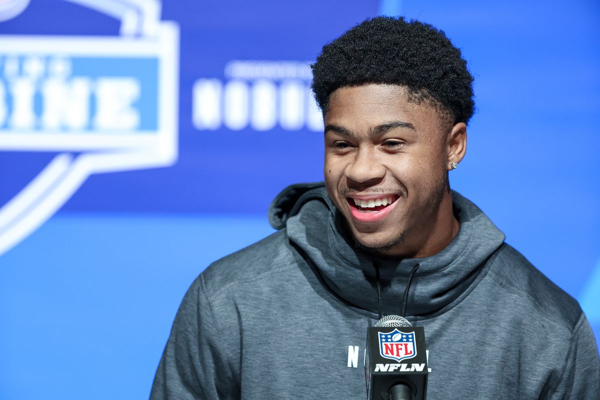 Wide out Tyler Scott of Cincinnati speaks to the media during the NFL Combine at Lucas Oil Stadium on March 3, 2023 in Indianapolis, Indiana.