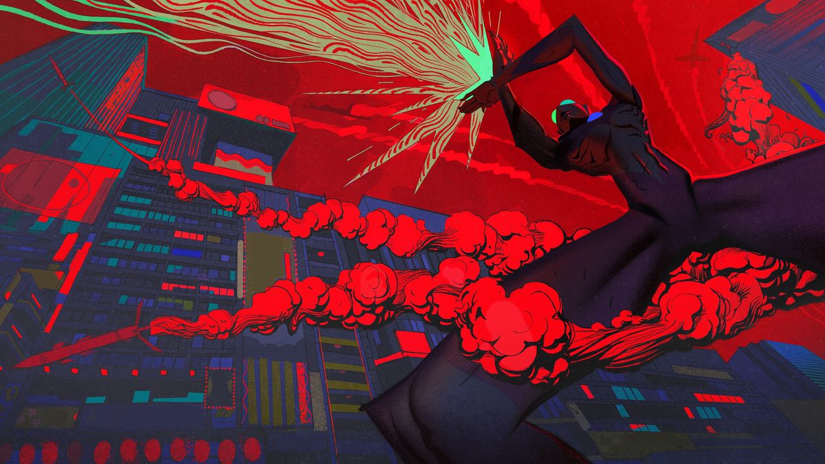 A wildly stylized animated image from Netflix’s Ultraman looks upward between the spread, perspective-distorted giant thighs of a purple-skinned, bug-eyed character that’s deflecting a bright green energy ray, while blood-red smoke billows all around them and the cityscape they’re standing in