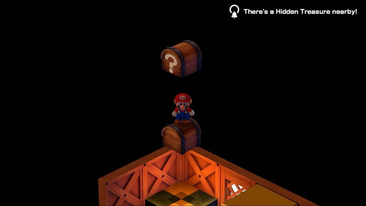 Mario stands on top of an empty box to reach an additional box in Super Mario RPG.
