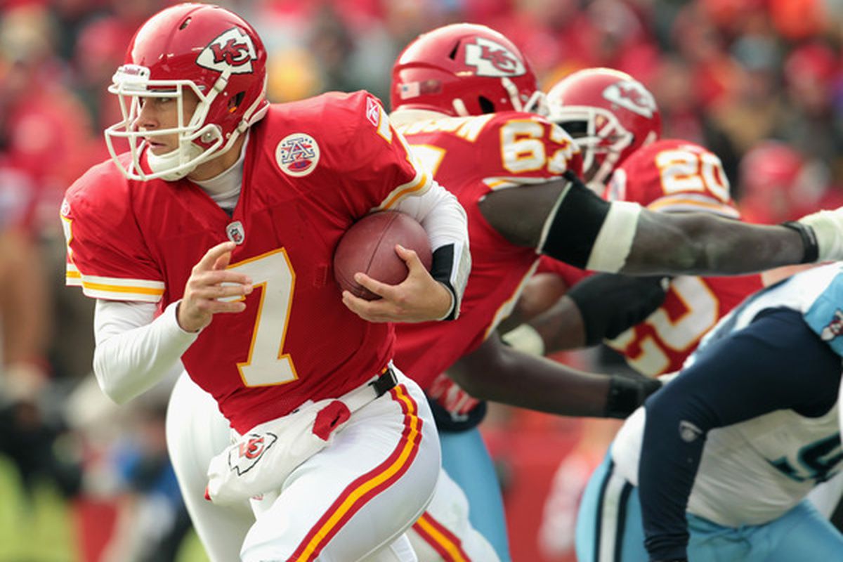 KANSAS CITY MO - DECEMBER 26:  Quarterback Matt Cassel #7 of the Kansas City Chiefs scrambles during the game against the Tennessee Titans on December 26 2010 at Arrowhead Stadium in Kansas City Missouri.  (Photo by Jamie Squire/Getty Images)
