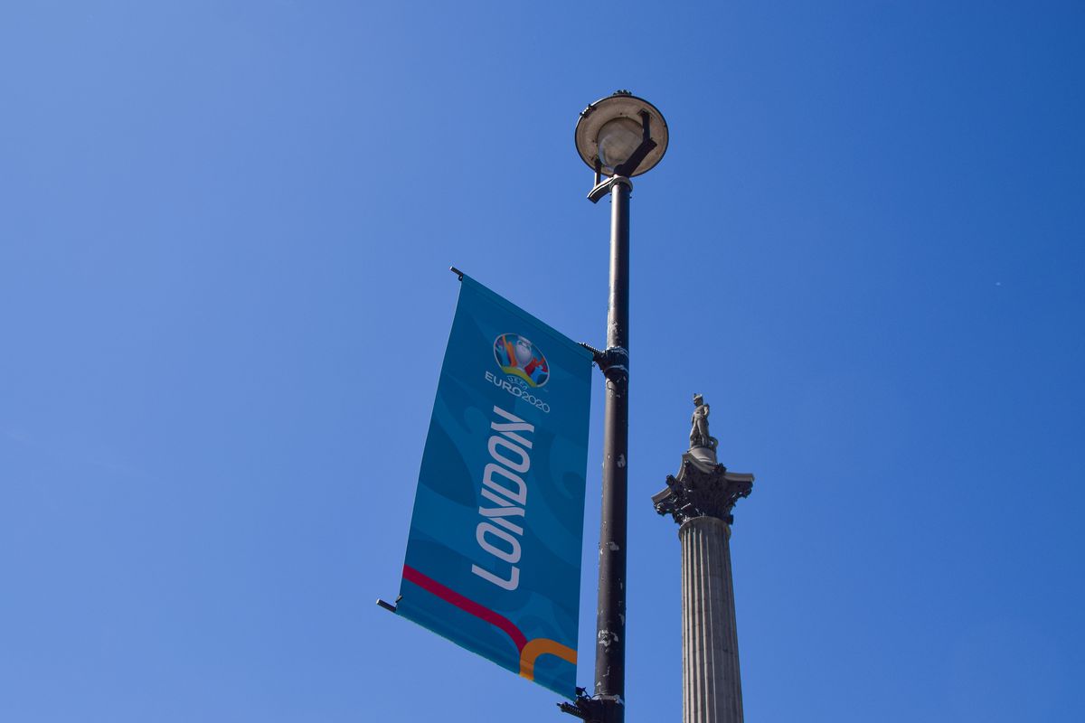 A Euro 2020 banner seen next to Nelson’s Column at Trafalgar...