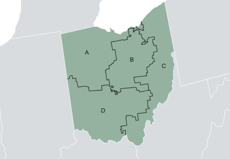 Map showing how under the FairVote system, Ohio would have four House districts, with three to five seats each. A candidate could win a seat with as little as 17.5 percent of the vote.