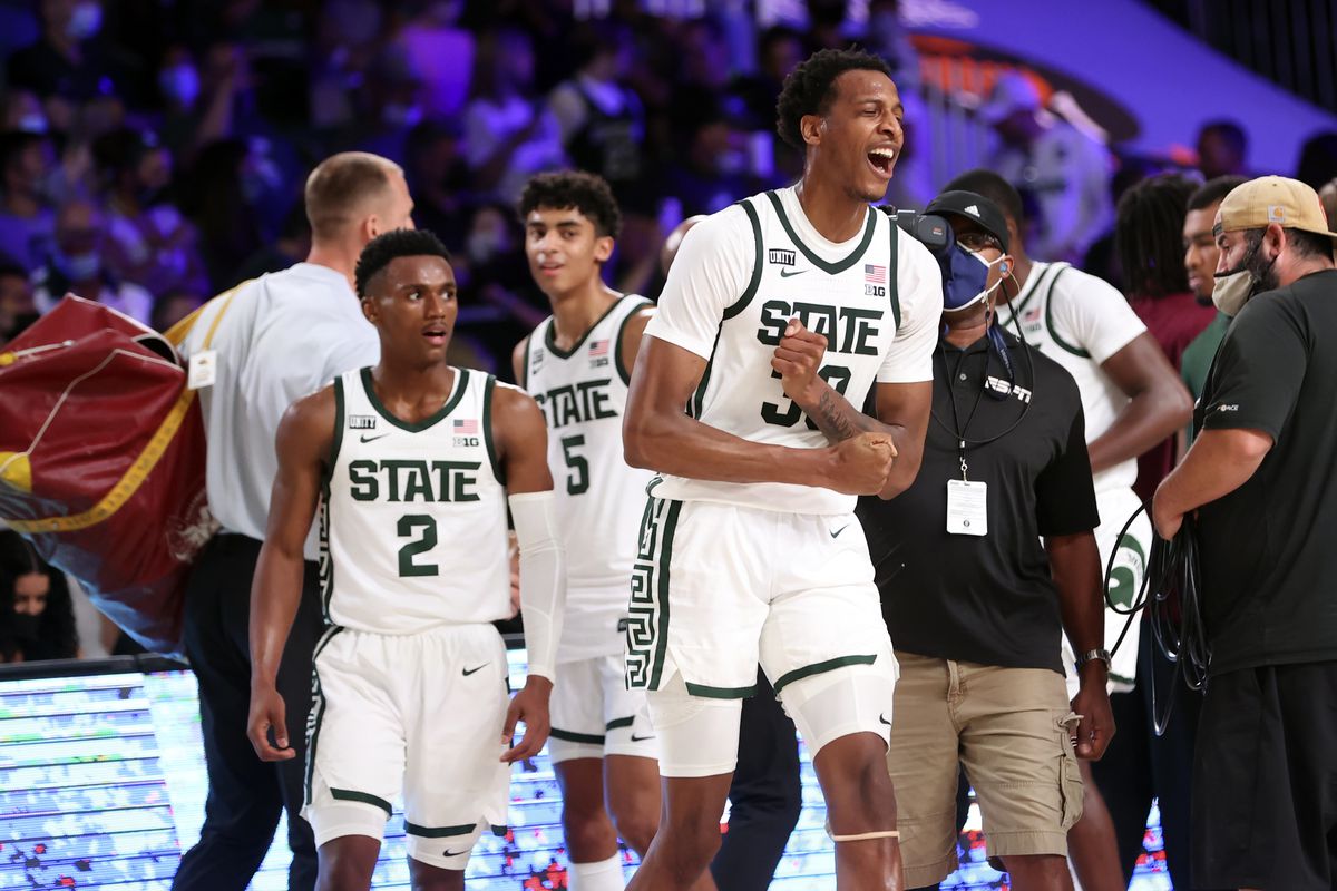 Michigan State Spartans forward Marcus Bingham Jr. celebrates the win against the Loyola Ramblers in the 2021 Battle 4 Atlantis Tournament at Imperial Arena.&nbsp;