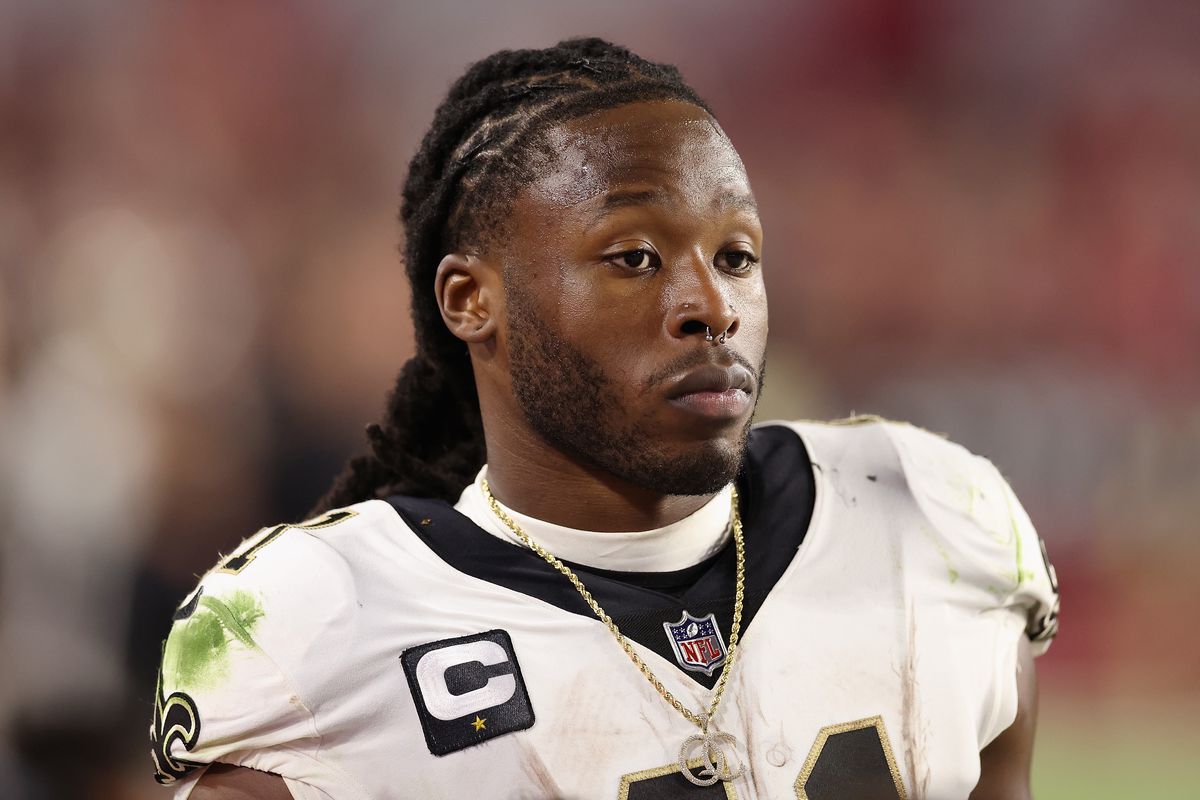 Running back Alvin Kamara #41 of the New Orleans Saints on the sidelines during the NFL game at State Farm Stadium on October 20, 2022 in Glendale, Arizona.