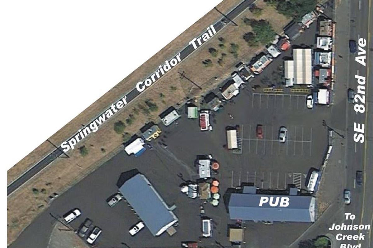 Cartlandia as seen from above, with the food carts located between Springwater Corridor Trail and SE 82nd Avenue