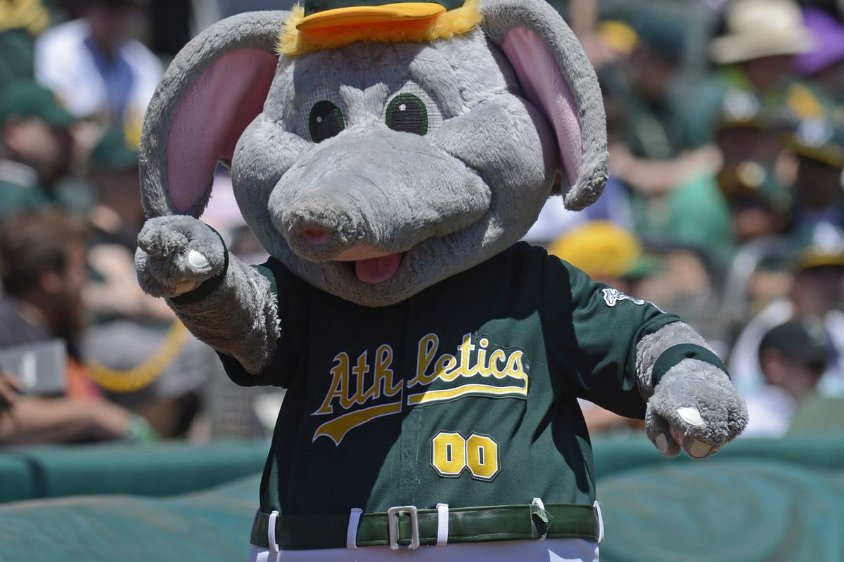 Oakland Athletics mascot Stomper gestures to the fans before the Oakland Athletics vs. Kansas City Royals game at O.co Coliseum in Oakland, Calif., on Sunday, May 19, 2013. Oakland defeated Kansas City 4-3. (Jose Carlos Fajardo/Bay Area News Group)