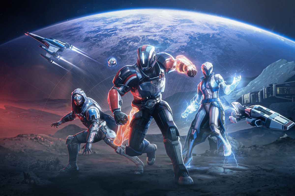The new Mass Effect armor and cosmetics in Destiny 2. You have some Guardians standing on a planet’s surface in the new gear.