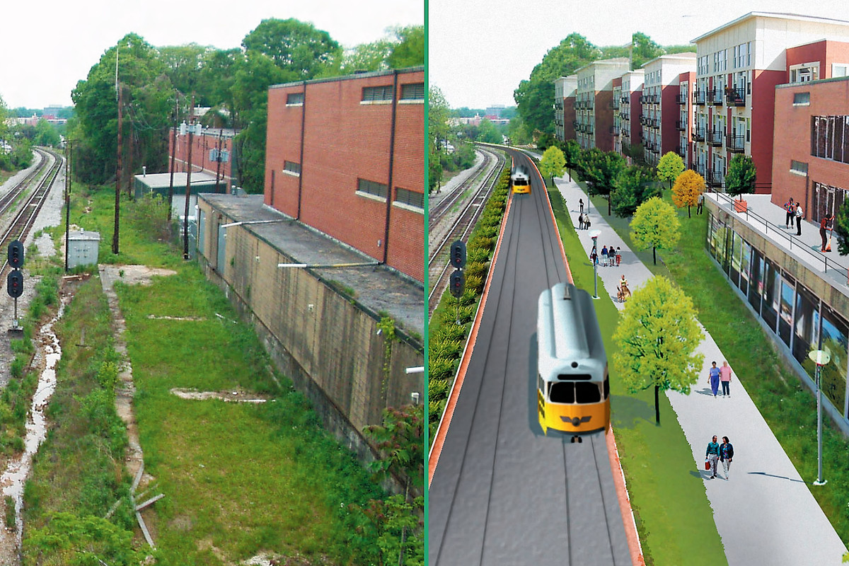 A photo and a rendering of what the Beltline would look like with light rail.