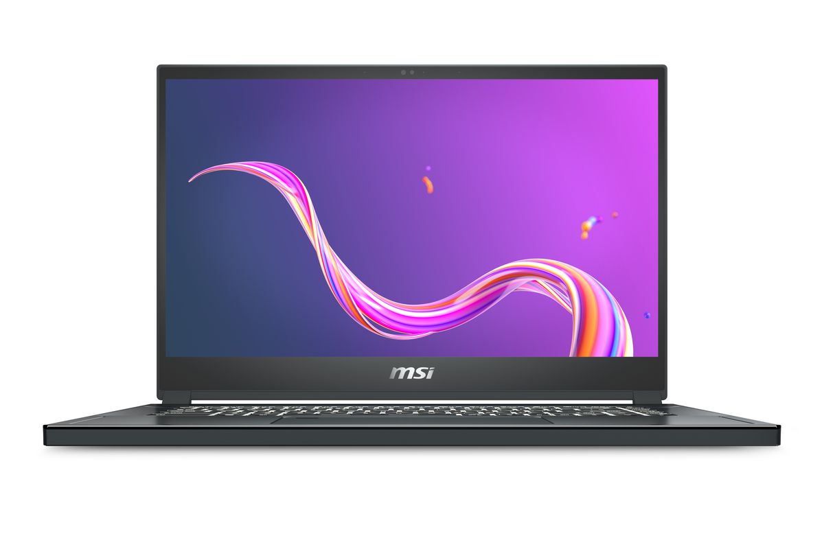 MSI Creator 15 open on a white background. The screen displays a purple background.
