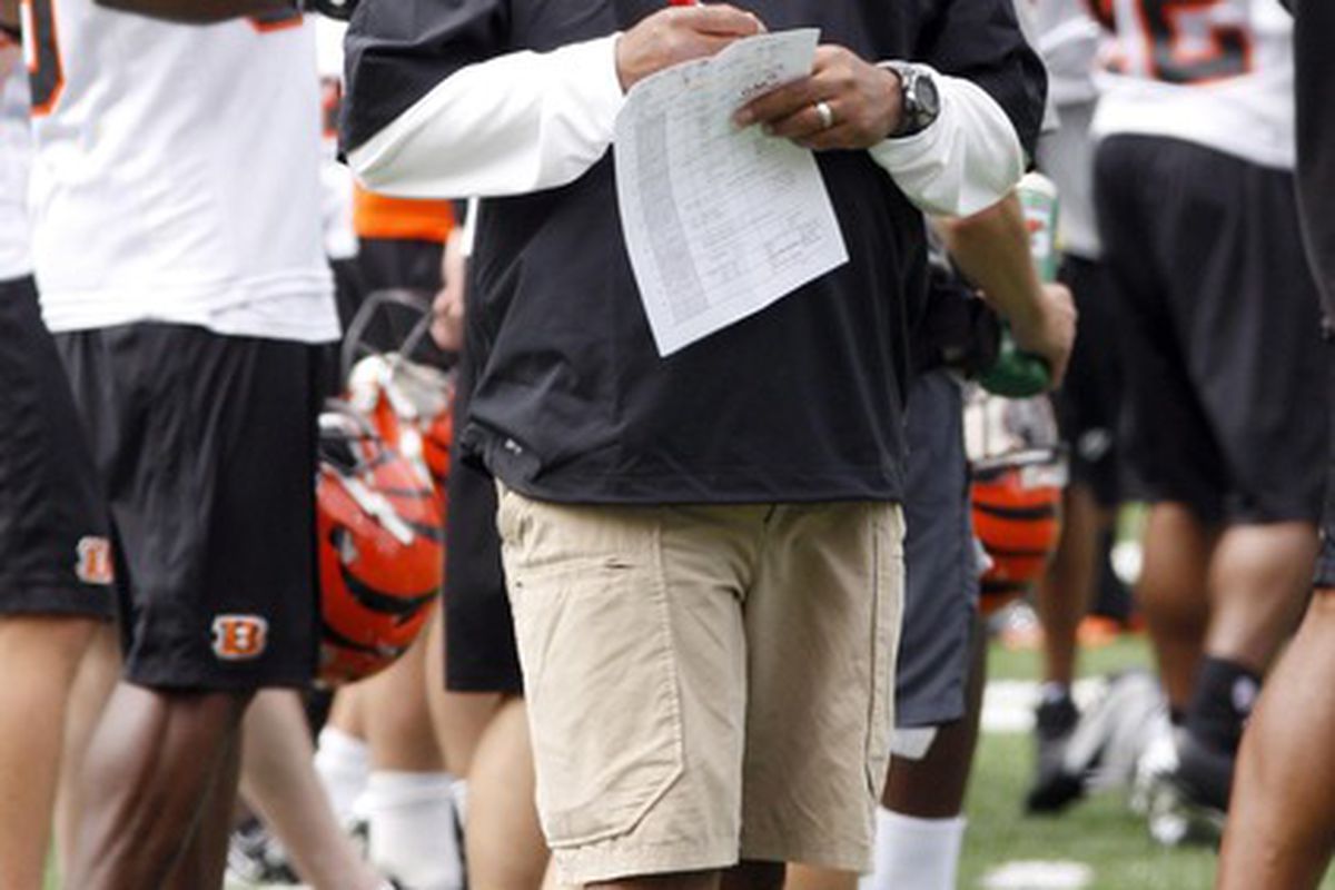 May 22, 2012; Cincinnati, OH USA; Cincinnati Bengals head coach Marvin Lewis during organized team activities at Paul Brown Stadium. Mandatory Credit: David Kohl-US PRESSWIRE