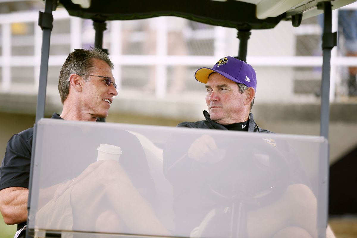 Vikings GM Rick Spielman left talked with head coach Mike Zimmer during NFL camp at Minnesota State University , Mankato Monday July 28, 2014 in Mankato, MN . ] Jerry Holt Jerry.holt@startribune.com