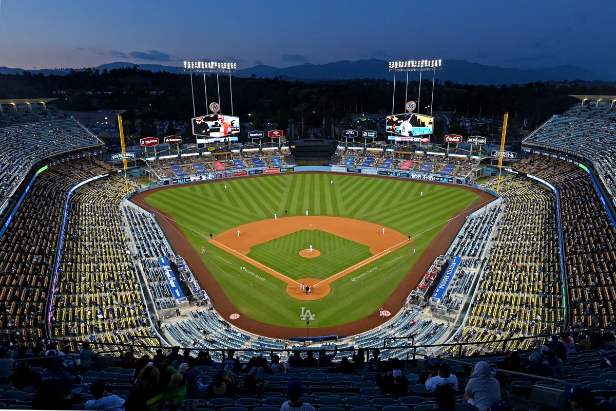 General view of Dodger Stadium during the game between the Los Angeles Dodgers and the Cincinnati Reds on April 27, 2021 in Los Angeles, California.