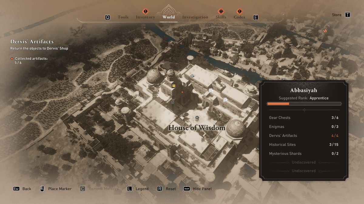 A map shows the location of the House of Wisdom Gear Chest in AC Mirage.