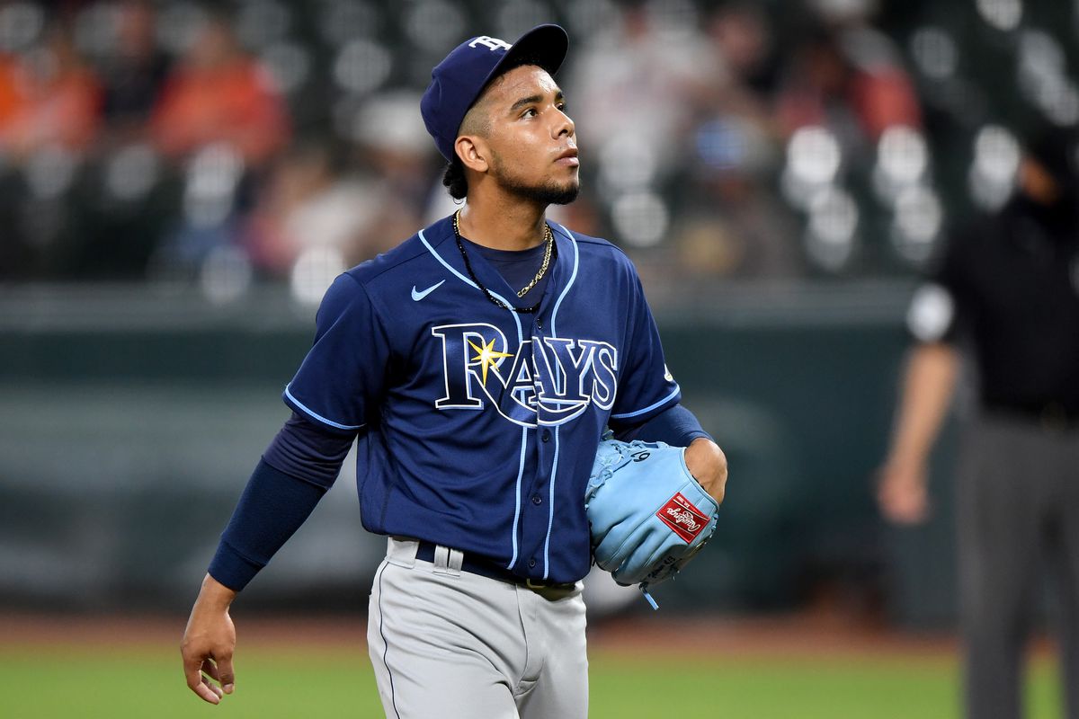 Luis Patino #61 of the Tampa Bay Rays walks off the field after being pulled from the game against the Baltimore Orioles at Oriole Park at Camden Yards on May 18, 2021 in Baltimore, Maryland.