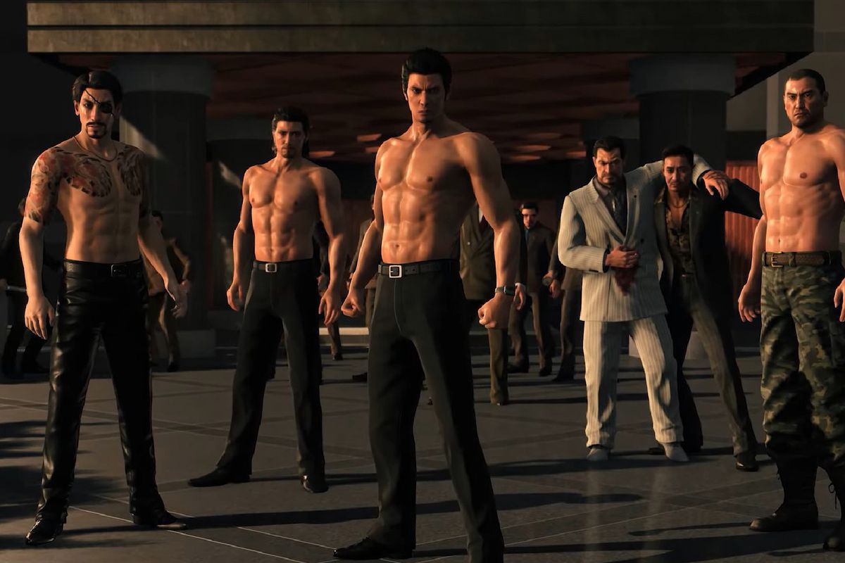 Kazuma Kiryu, Goro Majima, and other men from the Yakuza series stand shirtless in a still from Like A Dragon Gaiden: The Man Who Erased His Name