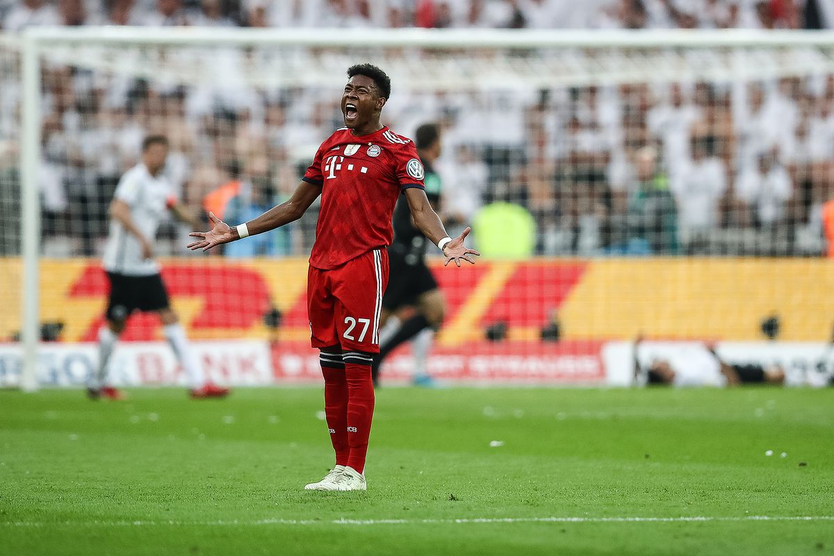 BERLIN, GERMANY - MAY 19: David Alaba #27 of FC Bayern Muenchen reacts during the DFB Cup final between Bayern Muenchen and Eintracht Frankfurt at Olympiastadion on May 19, 2018 in Berlin, Germany. 